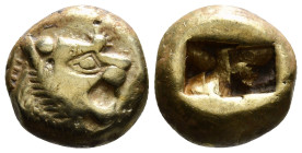 KINGS OF LYDIA. Time of Alyattes to Kroisos (Circa 620/10-550/39 BC). EL Trite or 1/3 Stater. Sardes.
Obv: Head of roaring lion right, with star on fo...