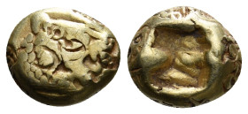 KINGS OF LYDIA. Alyattes (Circa 610-560 BC). EL Hemihekte. Sardeis.
Obv: Head of roaring lion right, “sun” with no rays on forehead.
Rev: Incuse squar...