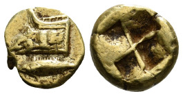 MYSIA. Kyzikos. EL Hemihekte (Circa 550-500 BC).
Obv: Prow left, fore part in the form of winged lion; below, tunny left.
Rev: Quadripartite incuse sq...