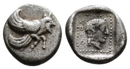 DYNASTS OF CARIA. Orou (Circa 490-470 BC). Obol. Obv: Forepart of winged, man-headed bull right. Rev: Head of Aphrodite right; Carian legend to left; ...