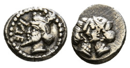 CILICIA, Uncertain. 4th century BC. AR Hemiobol Obv: Crowned head (of Artaxerxes III?) left; retrograde KTE to left. Rev : Two female heads, left and ...