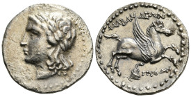 CARIA. Alabanda. Ca. 197-188 BC. AR tetradrachm, Python, magistrate. Laureate head of Apollo left / AΛABANΔEΩN, Pegasus taking flight to right, ivy wr...