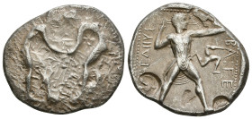 PAMPHYLIA. Aspendos. Stater (Circa 420-370 BC).
Obv: Two wrestlers grappling.
Rev: ΕΣΤFΕΔΙΙΥΣ / BA FE.
Slinger in throwing stance right, triskeles in ...