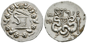 IONIA. Ephesos. Under Roman Rule (133-67 BC). Cistophor. Dated CY 49 (86/5 BC).
Obv: Cista mystica with serpent; all within ivy wreath.
Rev: Bowcase b...