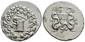 IONIA. Ephesos. Cistophor (Circa 180-67 BC). Dated CY 21 (139/8 BC).
Obv: Cista mystica with serpent; all within ivy wreath.
Rev: EΦΕ.
Bow case betwee...