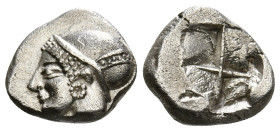 IONIA. Phokaia. Diobol (Circa 521-478 BC).
Obv: Archaic female head left, wearing earring and helmet or close fitting cap.
Rev: Quadripartite incuse s...