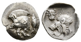 MYSIA. Kyzikos. Hemiobol (Circa 450-400 BC).
Obv: Forepart of boar left; retrograde K on shoulder; to right, tunny upward.
Rev: Head of lion left; to ...