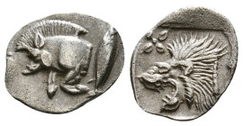MYSIA. Kyzikos. Hemiobol (Circa 450-400 BC).
Obv: Forepart of boar left; to right, tunny upward.
Rev: Head of roaring lion left; star to upper left; a...