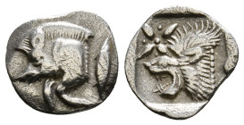 MYSIA. Kyzikos. Hemiobol (Circa 450-400 BC).
Obv: Forepart of boar left; to right, tunny upward.
Rev: Head of roaring lion left; star to upper left; a...