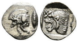 MYSIA. Kyzikos. Hemiobol (Circa 450-400 BC).
Obv: Forepart of boar left; to right, tunny upward.
Rev: Head of roaring lion left; star to upper left;...