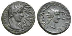LYDIA. Tripolis. Tiberius (14-37). Ae. Menandros Metrodoros Philokaisar, magistrate.
Obv: TIBEPION KAICAPA TPI / ΠΟΛΕΙΤAI.
Laureate head of Tiberius r...