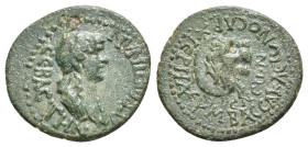 PHRYGIA. Eumenea. Agrippina II (Augusta, 50-59). Ae. Bassa, wife of Kleon, archierea.
Obv: AΓPIΠΠINAN CЄBACTHN.
Draped bust of Agrippina right.
Rev: B...