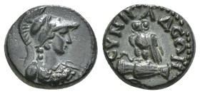 PHRYGIA. Synnada. Pseudo-autonomous (2nd-3rd centuries). Ae.
Obv: Helmeted bust of Athena right, wearing aegis.
Rev: CVNNAΔЄΩN.
Owl standing left on o...