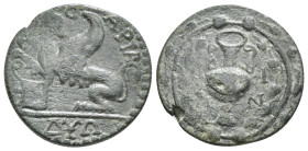 IONIA. Chios. Pseudo-autonomous (3rd century). Ae Diassarion. Aur. Chrysogonos, archon.
Obv: ACCAPIA / ΔVΩ.
Sphinx seated left, resting forepaw on pro...