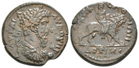 PHRYGIA, Docimeium. Marcus Aurelius. AD 161-180. Æ. Obv : AY KAI M AY ANTΩNԐINOC, laureate, draped and cuirassed bust right / MAKԐΔONΩN, Cybele riding...