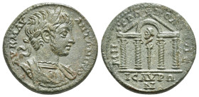 CILICIA. Isaura. Caracalla (198-217). Ae. Obv: AV K M AV ANTΩNINOC. Laureate and cuirassed bust right. Rev: MHTPOΠOΛЄΩC / ICAVPΩN. Tetrastyle temple, ...