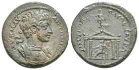 CILICIA. Isaura. Caracalla. 198-217 AD. Æ Obv : Laureate and cuirassed bust right /Rev : Tetrastyle temple, Tyche seated within, holding rudder and co...
