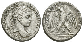 SELEUCIS & PIERIA. Laodicea ad Mare. Caracalla (198-217). Tetradrachm.
Obv: AYT K M A ANTΩNЄINOC CЄB.
Laureate head right.
Rev: ΔHMAPX ЄΞ YΠATOC TO Δ....