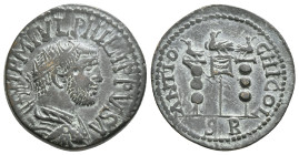 Pisidia, Antioch. Philip I.245/7 AD. AE
Obv: IMP M IVL PHILIPPVS A. Radiate, draped and cuirassed bust of Philip I.
Rev: ANTIOCHI COL, S R. Vexillum w...