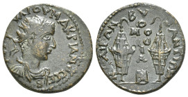 BITHYNIA, Nicaea. Macrianus. Usurper, AD 260-261. Æ Octassarion. In alliance with Byzantium. Radiate, draped, and cuirassed bust right / Two conical w...