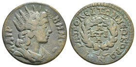 PHRYGIA. Hierapolis. Pseudo-autonomous (2nd century AD). Ae.
Obv: ΛAIPBHNOC.
Radiate bust of Apollo right.
Rev: IEPAΠOΛEITΩN NEΩΚOPΩΝ.
A/KTI/A within ...