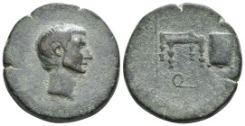 ASIA MINOR. Uncertain. Gaius Sosius? Ae (Quaestor, circa 39 BC).
Obv: Bare head right.
Rev: Hasta, sella quaestoria and fiscus; Q below.
RPC I 5409; A...