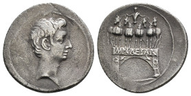 AUGUSTUS (27 BC-14 AD). Denarius. Uncertain Italian mint, possibly Rome.
Obv: Bare head right.
Rev: Octavian's Actian arch (Arcus Octaviani) surmounte...