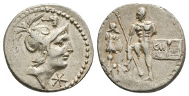 C. MALLEOLUS C. F. Denarius (118 BC). Rome.
Obv: Helmeted head of Mars right; above, mallet right; mark of value to lower right.
Rev: C MA.
Naked warr...
