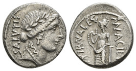 MAN. ACILIUS GLABRIO. Denarius (49 BC). Rome.
Obv: SALVTIS (upwards).
Laureate head of Salus right.
Rev: MN ACILIVS / III VIR VALETV.
Valetudo standin...