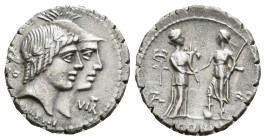 Q. FUFIUS CALENUS and MUCIUS CORDUS. Serrate Denarius (68 BC). Rome.
Obv: HO - VIRT / KALENI.
Jugate heads of Honos, laureate, and Virtus, helmeted, r...