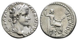 TIBERIUS (14-37). Denarius. "Tribute Penny" type. Lugdunum.
Obv: TI CAESAR DIVI AVG F AVGVSTVS.
Laureate head right.
Rev: PONTIF MAXIM.
Livia (as Pax)...
