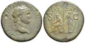 TITUS (79-81 AD). Orichalcum sestertius. , Judaea, 80-81 AD. Obv: IMP T CAES DIVI VESP F AVG P M TR P P P COS VIII, head laureate right. Rev: IVD—CAP ...