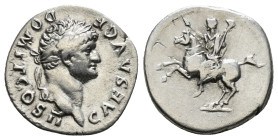 DOMITIAN (Caesar, 69-81). Denarius. Rome.
Obv: CAES AVG F DOMIT COS II.
Laureate head right.
Rev: Domitian, raising hand and holding sceptre, on ho...
