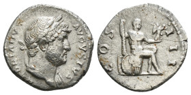 HADRIAN (117-138). Denarius. Rome.
Obv: HADRIANVS AVGVSTVS.
Laureate bust right, slight drapery on far shoulder.
Rev: COS III.
Hercules seated right o...