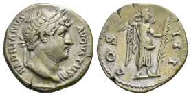 HADRIAN (117-138). Denarius. Rome.
Obv: HADRIANVS AVGVSTVS.
Laureate bust right, with slight drapery.
Rev: COS III.
Victory, naked to waist, standing ...