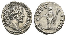 ANTONINUS PIUS (138-161). Denarius. Rome.
Obv: ANTONINVS AVG PIVS P P TR P XXIII.
Laureate head right.
Rev: PACI AVG COS IIII.
Pax standing left, hold...