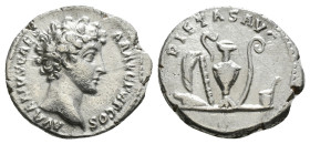 MARCUS AURELIUS (Caesar, 139-161). Denarius. Rome.
Obv: AVRELIVS CAESAR AVG PII F COS.
Bare head right.
Rev: PIETAS AVG.
Emblems of the augurate a...