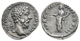 MARCUS AURELIUS (161-180). Denarius. Rome.
Obv: M ANTONINVS AVG GERM SARM.
Laureate head right.
Rev: TR P XXX IMP VIII COS III.
Aequitas standing left...
