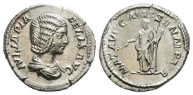 JULIA DOMNA (Augusta, 193-211). Denarius. Rome.
Obv: IVLIA PIA FELIX AVG.
Draped bust right.
Rev: MAT AVGG MAT SEN M PATR.
Julia Domna as Pax standing...