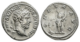 CARACALLA (198-217). Denarius. Rome.
Obv: ANTONINVS PIVS AVG BRIT.
Laureate head right.
Rev: MONETA AVG.
Moneta standing left, holding scales and corn...