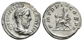 MACRINUS (217-218). Denarius. Rome.
Obv: IMP C M OPEL SEV MACRINVS AVG.
Laureate and draped bust right.
Rev: P M TR P II COS P P.
Macrinus seated ...
