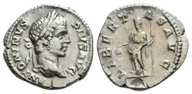 ELAGABALUS (218-222). Denarius. Rome.
Obv: IMP ANTONINVS PIVS AVG.
Laureate and draped bust right.
Rev: LIBERTAS AVG.
Libertas standing left, hold...