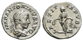 ELAGABALUS (218-222). Denarius. Rome.
Obv: IMP ANTONINVS AVG.
Laureate and draped bust right.
Rev: LAETITIA PVBL.
Laetitia standing left, holding wrea...