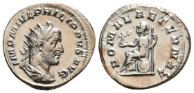 PHILIP I 'THE ARAB' (244-249). Antoninianus. Rome.
Obv: IMP M IVL PHILIPPVS AVG.
Radiate, draped and cuirassed bust right.
Rev: ROMAE AETERNAE.
Roma s...