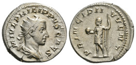 PHILIP II (Caesar, 244-247). Antoninianus. Rome.
Obv: M IVL PHILIPPVS CAES.
Radiate and draped bust right.
Rev: PRINCIPI IVVENT.
Philip standing left,...