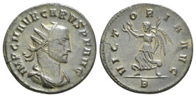 CARUS (282-283). Antoninianus. Lugdunum.
Obv: IMP C M AVR CARVS AVG.
Radiate, helmeted and cuirassed bust right.
Rev: VICTORIA AVGG.
Victory on globe ...