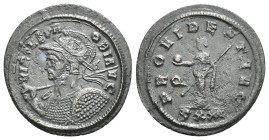 PROBUS (276-282). Antoninianus. Ticinum.
Obv: VIRTVS PROBI AVG.
Radiate, helmeted and cuirassed bust left, with shield and spear over shoulder.
Rev: P...