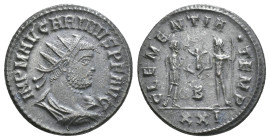 CARINUS (283-285). Antoninianus. Siscia.
Obv: IMP M AVR CARINVS P F AVG.
Radiate, draped and cuirassed bust right.
Rev: CLEMENTIA TEMP / B / XXI.
Empe...