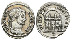 DIOCLETIAN (284-305). Argenteus. Rome.
Obv: DIOCLETIANVS AVG.
Laureate head right.
Rev: VIRTVS MILITVM / Z.
The tetrarchs sacrificing over tripod befo...