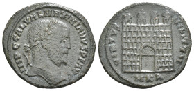 GALERIUS MAXIMIANUS (305-311). Follis. Cyzicus.
Obv: IMP C GAL VAL MAXIMIANVS P F AVG.
Laureate head right.
Rev: VIRTVS MILITVM / MKB.
Camp gate w...
